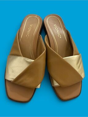 Vionic Leather  Miramar Slide Sandal - Camel/Gold NWOB SZ 8